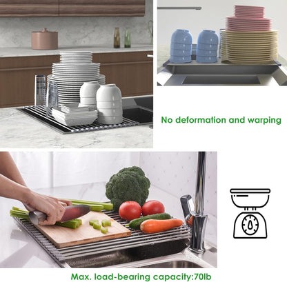 Tomorotec Roll Up Dish Drying Rack Over The Sink Grey Large Dish Drying Rack Rolling Foldable Collapsible SUS304 Stainless Steel Multipurpose Dish Drainer for Kitchen Counter (21”x15.7”)