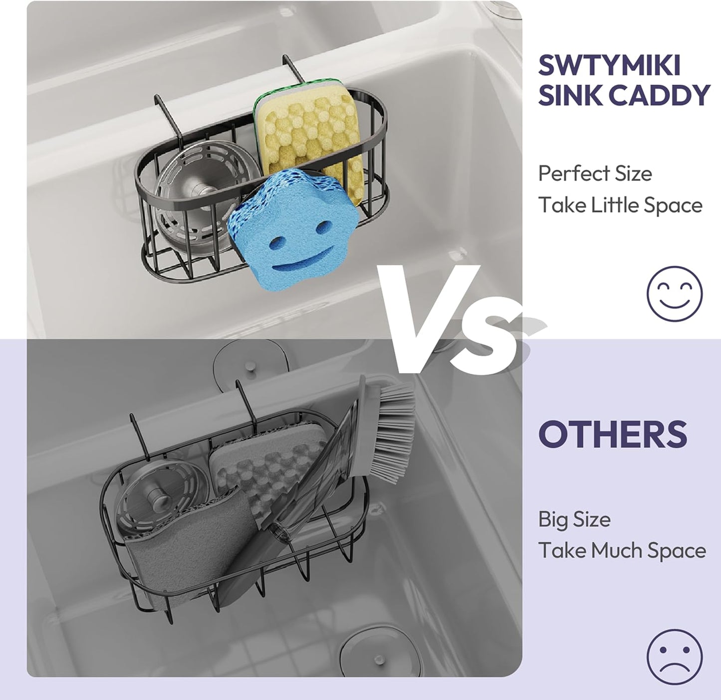 SWTYMIKI Sponge Holder for Kitchen Sink - Movable Kitchen Sink Caddy with M Shape Hook, Stainless Steel Hanging Sponges Caddy Organizer in Double Bowl Sinks Depth>3.15in, Middle Divider<1.5in, Black