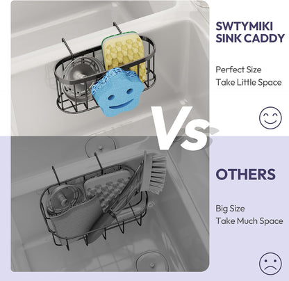 SWTYMIKI Sponge Holder for Kitchen Sink - Movable Kitchen Sink Caddy with M Shape Hook, Stainless Steel Hanging Sponges Caddy Organizer in Double Bowl Sinks Depth>3.15in, Middle Divider<1.5in, Black
