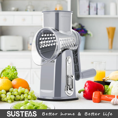 SUSTEAS Rotary Cheese Grater with Handle - Vegetable Shredder with 5 Well-designed Blades & Strong Suction Base,Round Mandoline Slicer & Food Chopper for Kitchen,with Blade Storage Box(Beige)