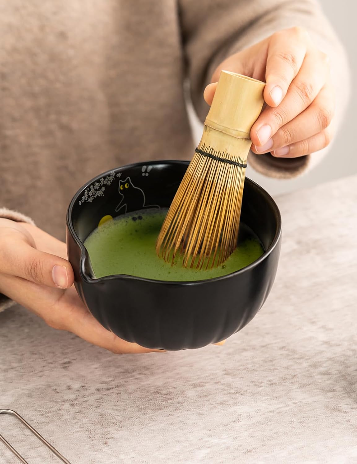 TANG PIN Matcha Set - Match Bowl and Whisk, 15 OZ, Matcha Scoop | Matcha Whisk Stand (Chasen Holder) - 4pc Perfect Matcha Kit for Matcha Tea Ceremony (Mottled Green)