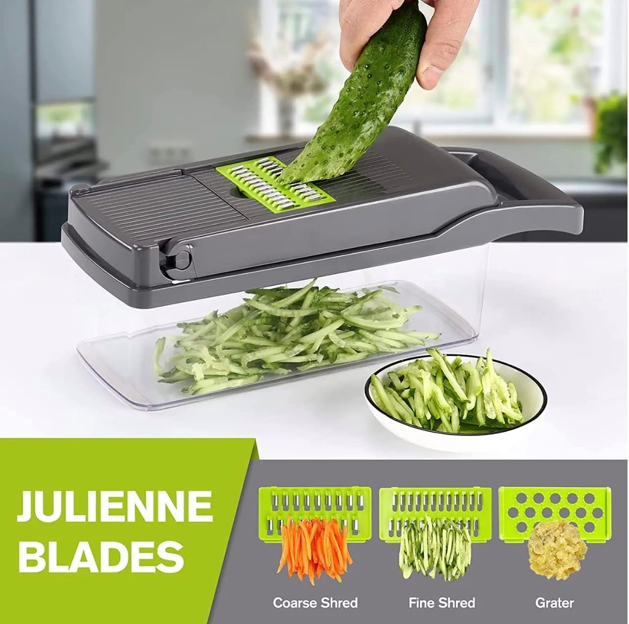 All-in-1 Vegetable Chopper, Onion Chopper, Mandoline Slicer & Cheese Grater and Veggie Dicer Grey & Green