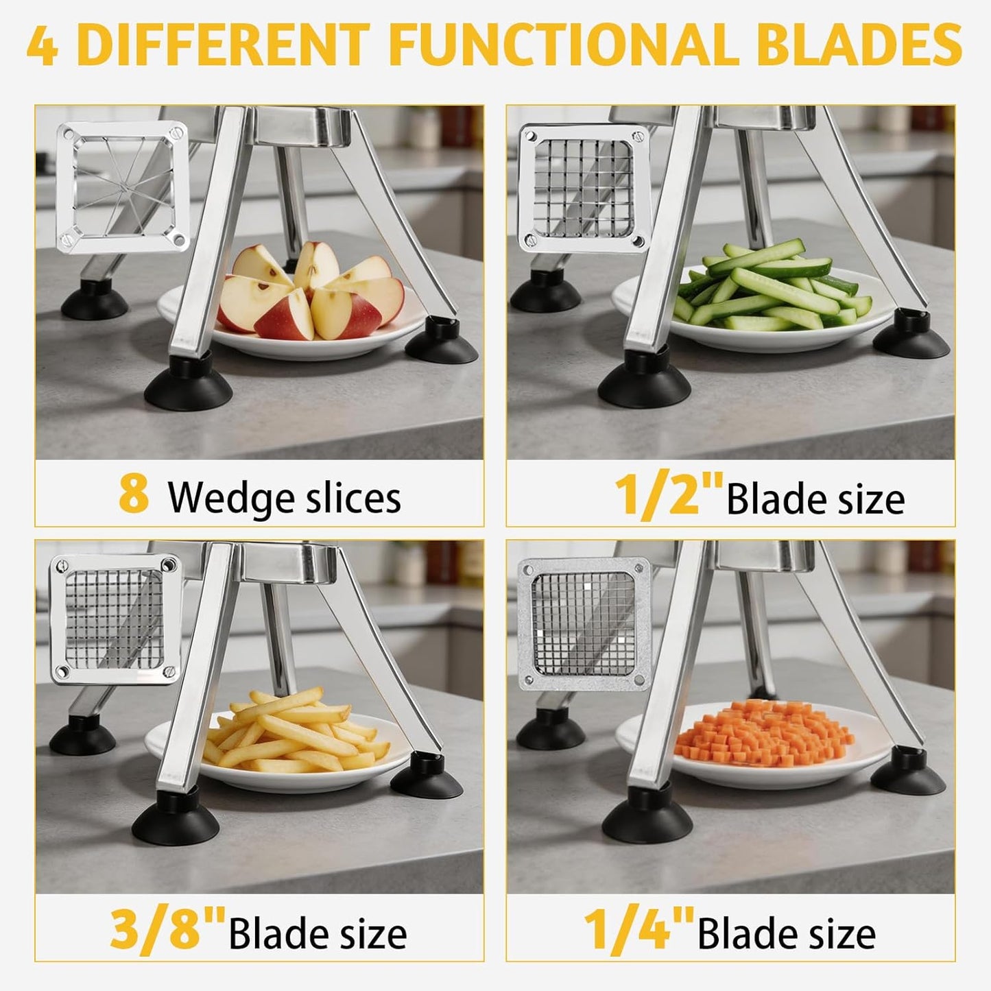 Vegetable Chopper, Potato Slicer w/ 4 Replacement Blades, fruit chopper, french fry cutter, Potato Dicer & Fruit Slicer for Restaurants & Home Kitchen