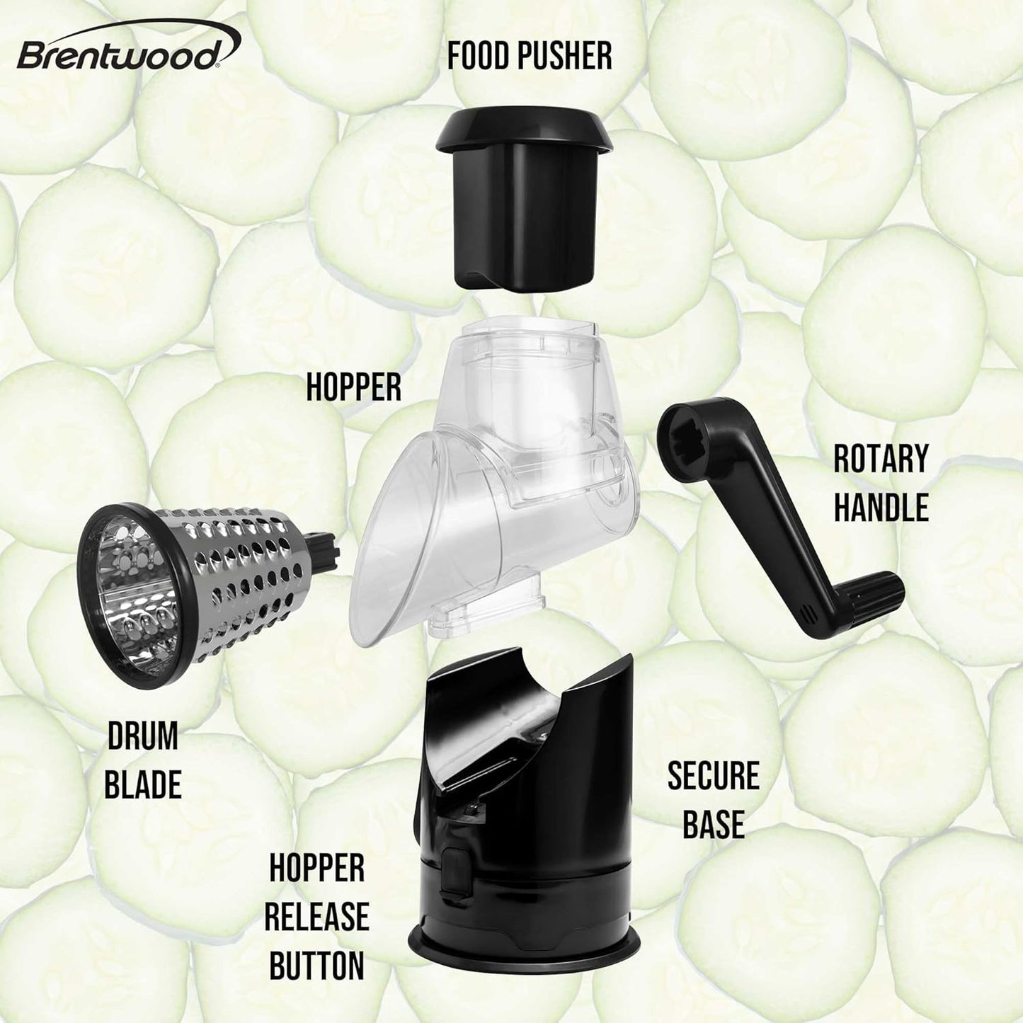 Brentwood KA-5060BK Rotary Cheese, Vegetable, Nut Grater, Shredder, and Slicer, with Handle and Stainless Steel Drum Blades, Black