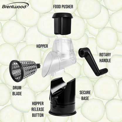 Brentwood KA-5060BK Rotary Cheese, Vegetable, Nut Grater, Shredder, and Slicer, with Handle and Stainless Steel Drum Blades, Black