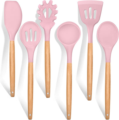 E-far Cooking Utensils Set of 6, Silicone Kitchen Utensils with Wooden Handle, Non-stick Cookware Friendly & Heat Resistant, Includes Spatula/Ladle/Slotted Turner/Serving Spoon/Spaghetti Server(Khaki)