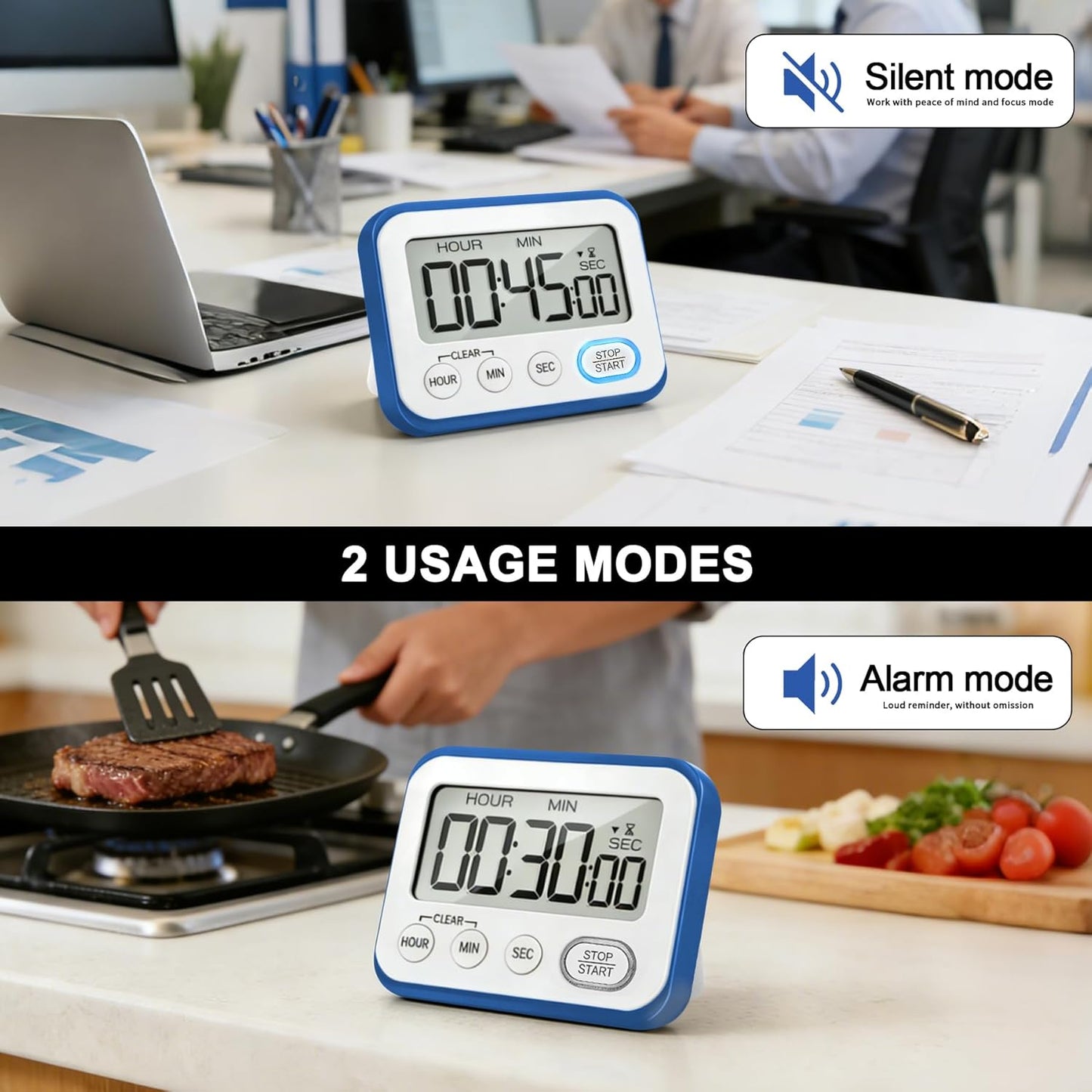 Digital Kitchen Timer Magnetic Loud Alarm, Large LCD Screen Silent/Beeping Multi-Function for Teachers Classroom Kids, Black