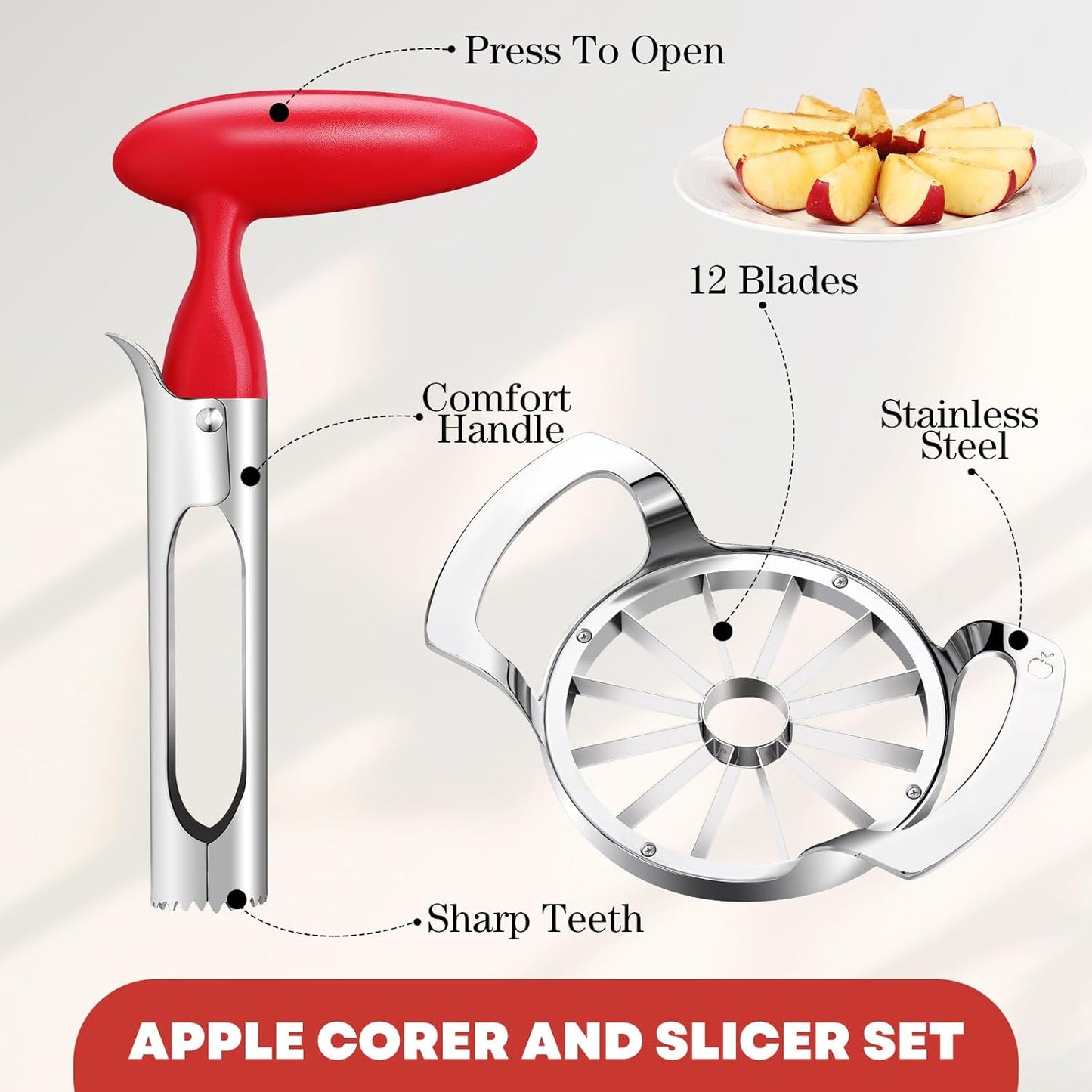 Lasnten Set of 2 Apple Slicer and Corer Set Stainless Apple Corer Apple Core Remover with Non Slip Handles Apple Cutter Apple Slicer 12 Slices for Kitchen Tomato Pear Peach Cutting