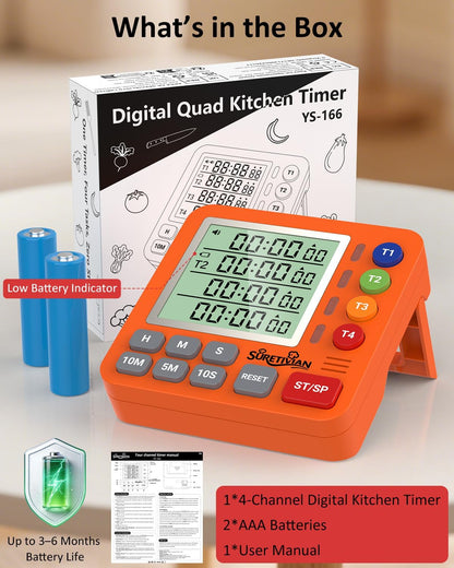 Digital Kitchen Timer for Cooking - 4 Channel Count Up Countdown Timer with Loud Alarm and Silent Mode, Large Display, Magnetic Back, Auto Memory for Classroom Study Gym, Battery Included (Black)