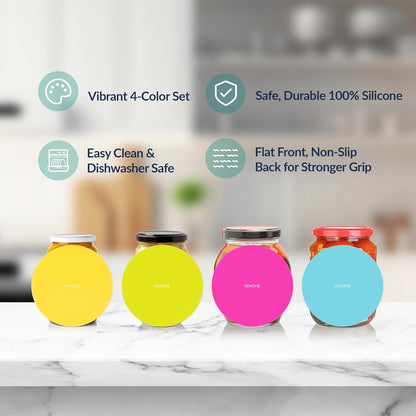 NIHOME Silicone Jar Opener – 6 Inch Large Anti-Slip Grip Pads, Premium 100% Food-Grade Silicone, Stylish Designer Colors, Multi-Purpose Heat-Resistant Mat & Coaster, Set of 4