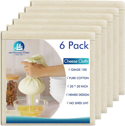 8 PCS Reusable Cheesecloth, Grade 100, 20x20 Inch Hemmed Cheese Cloth for Straining Craft, 100% Cotton Unbleached Cloth Strainer for Cooking, Baking, Juicing, Cheese Making