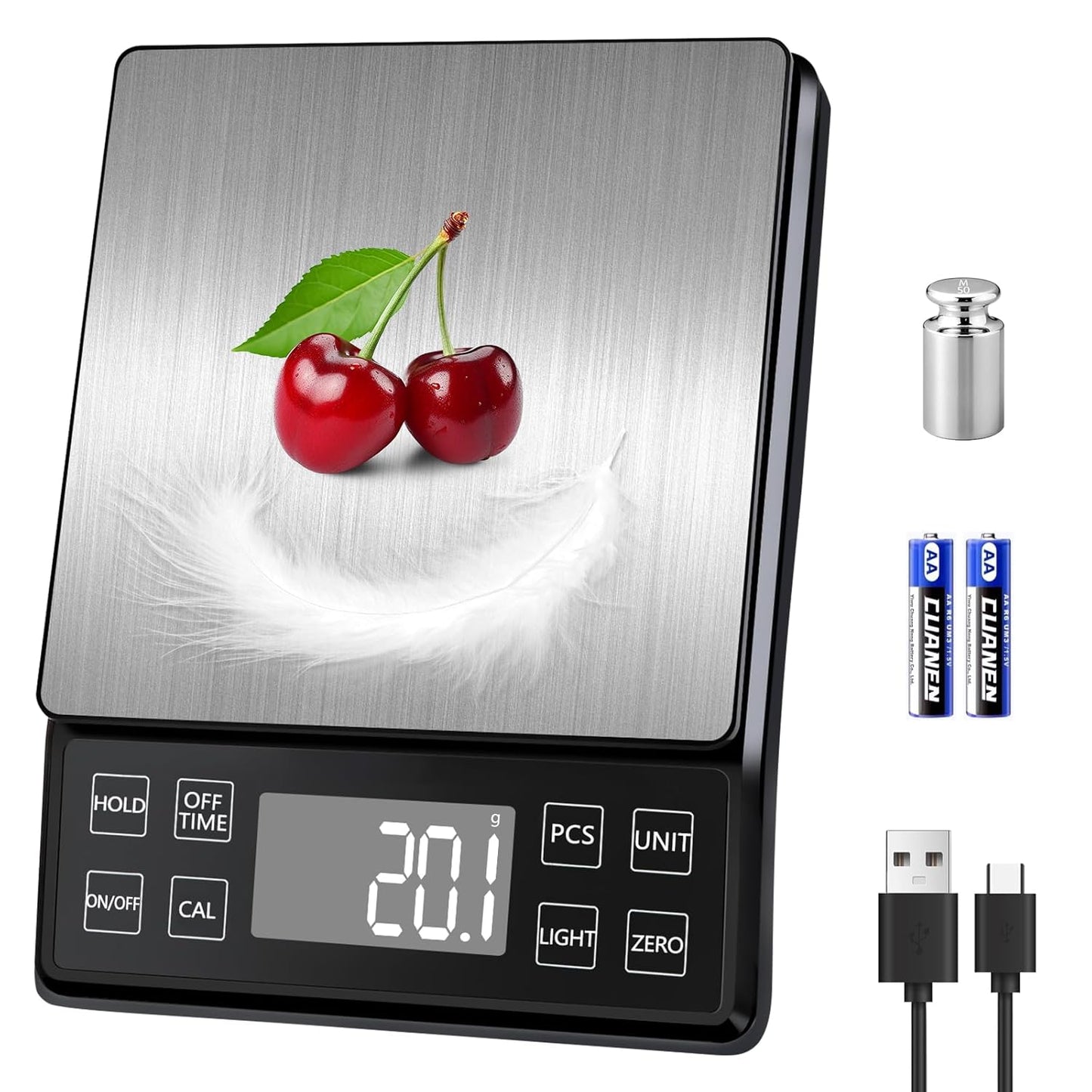 Digital Food Scale with 0.01oz/0.1g High Precision, Kitchen Scale 11lb/5kg Capacity, USB-C Rechargeable, LCD with Backlight, Stainless Steel Pan, Kitchen Scale for Cooking, Baking, Weight Loss