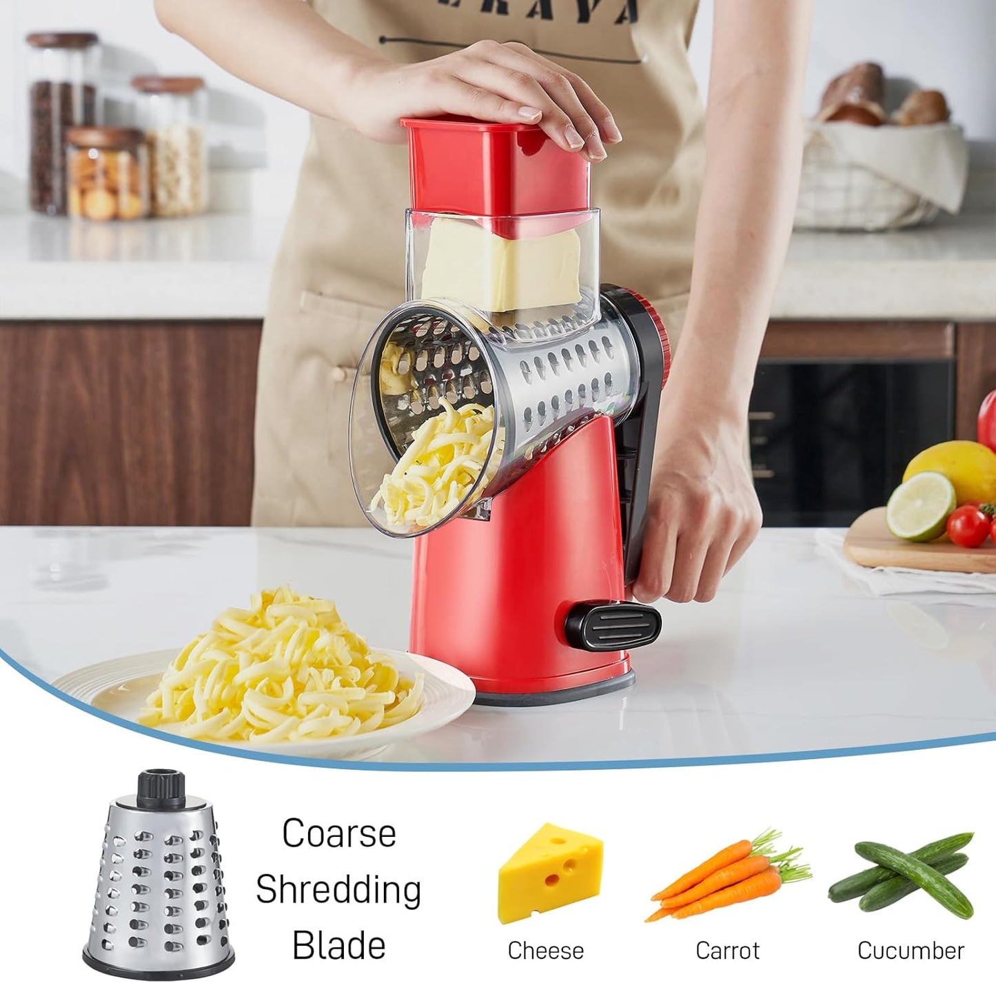VEKAYA Rotary Cheese Grater Hand Crank with 4 Interchangeable Stainless Steel Blades, Large Manual Handle Shredder and Waffle Slicer for Vegetables, Cheese and Nuts with Table Suction Base(Blue)