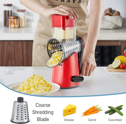 VEKAYA Rotary Cheese Grater Hand Crank with 4 Interchangeable Stainless Steel Blades, Large Manual Handle Shredder and Waffle Slicer for Vegetables, Cheese and Nuts with Table Suction Base(Blue)