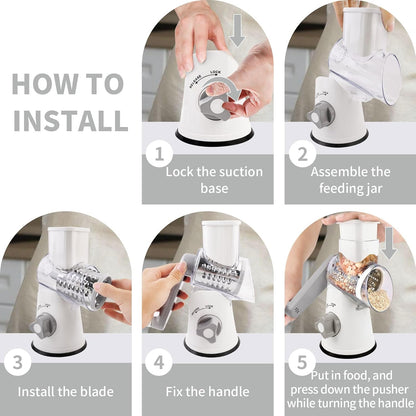 Rotary Cheese Grater, Manual Cheese Shredder with 3 Interchangeable Blades, Cheese Grater Hand Crank with Strong Suction Base, Easy to Use and Clean, White