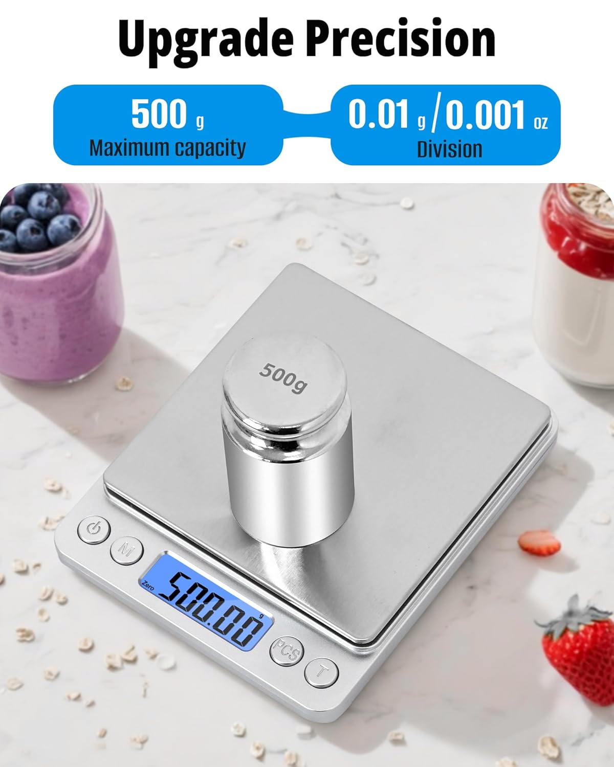 Gram Scale 500g x 0.01g Precision, Digital Mini Pocket Size Portable Scale with Two Trays Nine Units, LCD Display Stainless Steel Platform for Weighing Jewelry Cooking Baking