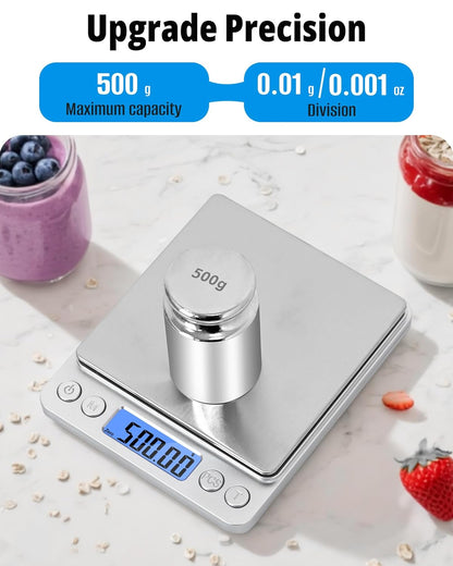 Gram Scale 500g x 0.01g Precision, Digital Mini Pocket Size Portable Scale with Two Trays Nine Units, LCD Display Stainless Steel Platform for Weighing Jewelry Cooking Baking