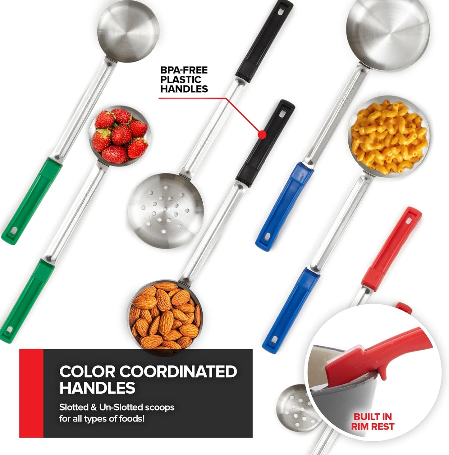 Portion Control Serving Spoons (Set of 8), Slotted & Unslotted Portion Scoops for Food, Heavy Duty Stainless Steel Utensils for Portion Control, 2, 4, 6, and 8oz Scoops for Portion Perfection