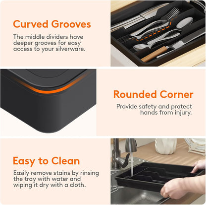 Lifewit Silverware Drawer Organizer Tray, Plastic Cutlery Storage for Kitchen, Flatware and Utensil Holder Divider for Spoons Forks Knives Tableware, 9.1 x 12.6", 5 Slots, Black