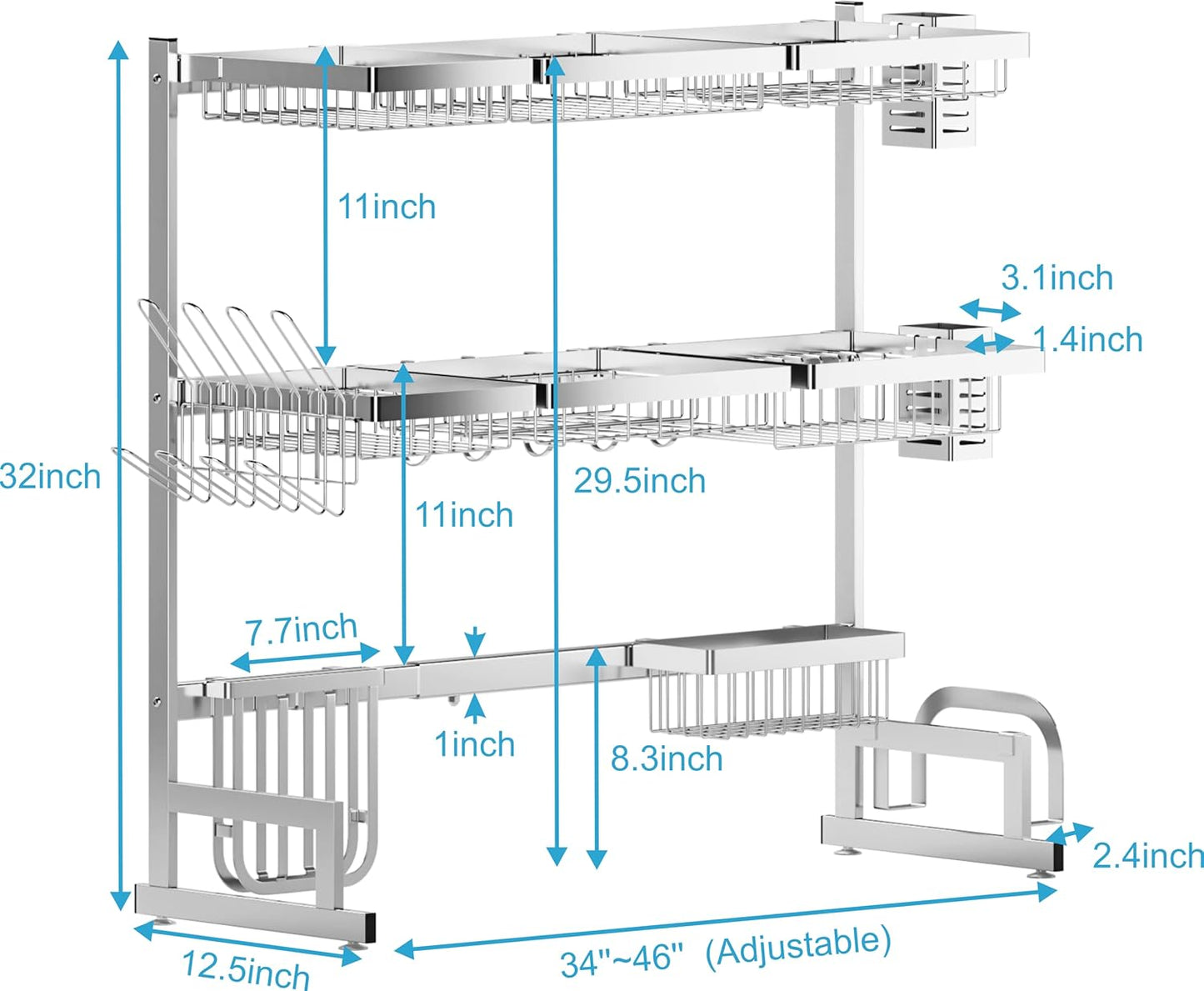 PUSDON Over the Sink Dish Drying Rack, 2 Tier Adjustable Large Capacity Stainless Steel Dish Rack for Kitchen Counter, Heavy Duty Space Saver Organizer with Utensil Holder, Black