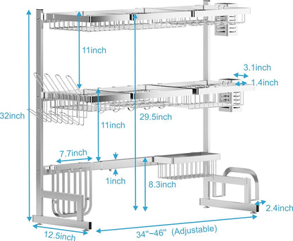PUSDON Over the Sink Dish Drying Rack, 2 Tier Adjustable Large Capacity Stainless Steel Dish Rack for Kitchen Counter, Heavy Duty Space Saver Organizer with Utensil Holder, Black