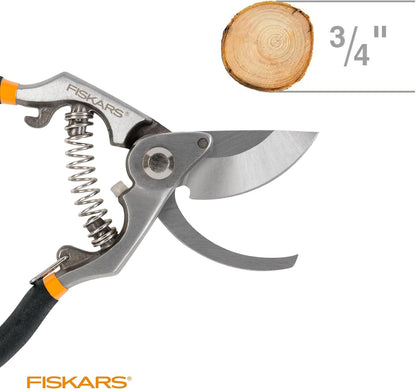 Fiskars Bypass Pruning Shears, 5/8" Cut Capacity Gardening Scissors, Self-Cleaning Sap Groove Prevents Sticking, Non-Slip Grip for Cutting Stems & Branches, Sharp Steel Blades w/ Low-Friction Coating