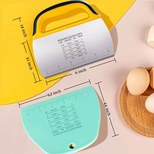 YGDZ Dough Scraper Chopper 2 Pcs, Stainless Steel Dough Cutter With Grip, Plastic Bench Scraper with Measuring Scale, Multipurpose Pizza Cutter, Pastry, Food Scraper for Baking, Dough, Bread, Cake