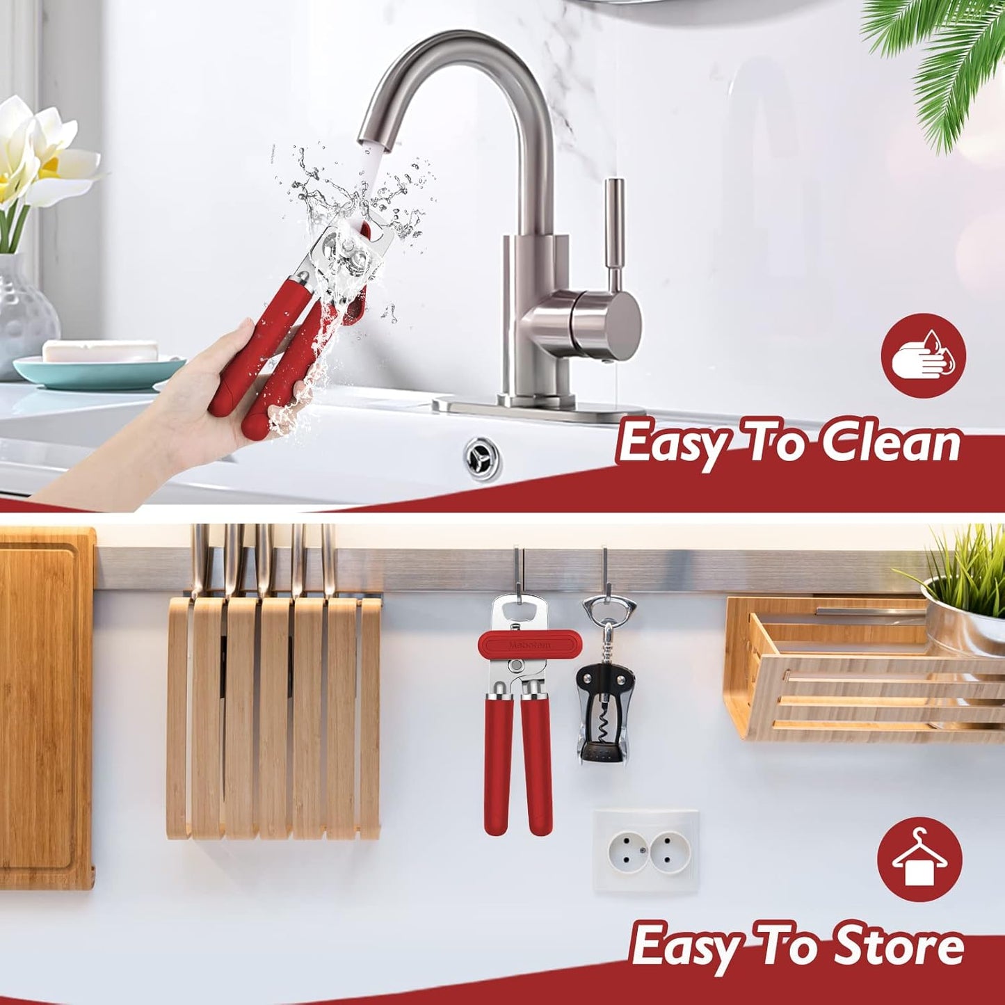 Mebotem 10 Colors Can Opener Manual Handheld Heavy Duty Hand Can Opener Smooth Edge Stainless Steel Can Openers Top Lid Kitchen Gadgets, Best Large Rated Easy Turn Knob, with Bottle Opener, Burgundy