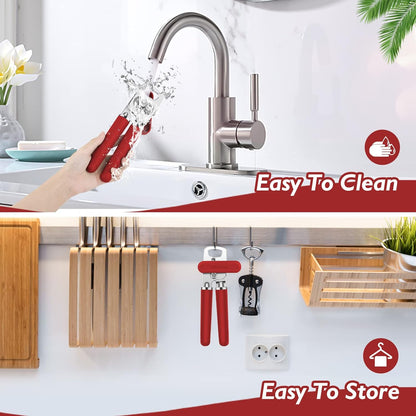 Mebotem 10 Colors Can Opener Manual Handheld Heavy Duty Hand Can Opener Smooth Edge Stainless Steel Can Openers Top Lid Kitchen Gadgets, Best Large Rated Easy Turn Knob, with Bottle Opener, Burgundy