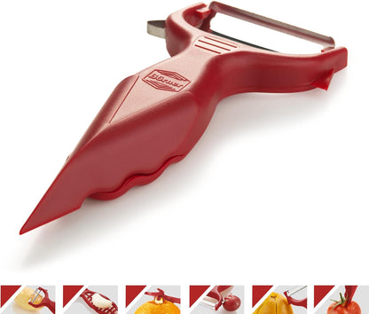 Borner 6-in-1 Fruit and Vegetable Peeler with Stainless Steel Double-Edged Blade, Multi function with Corer, Potato Eye Remover and Mini Grater, Made in Germany, Purple
