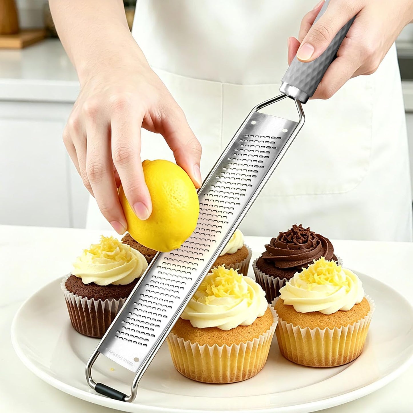 Stainless Steel Lemon Zester, Cheese Grater & Vegetable Grater with Silicone Handle - Parmesan Cheese Lemon, Garlic, Nutmeg, Chocolate, Fruits, Vegetables, Ginger - Cheese Grater (Gray)