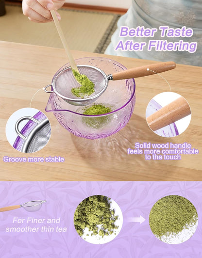 Matcha Whisk Set, 7 Pcs, Matcha Kit Includes Matcha Bowl, Matcha Whisk and Holder, Bamboo Scoop, Spoon, Sifter and Tea Towel, Matcha Set, Gift for Matcha Lovers & Beginners (Pink)