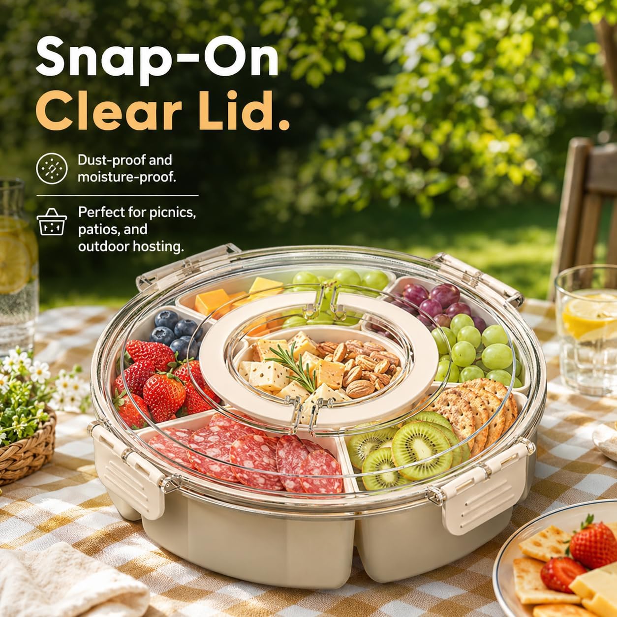 360°Rotating Divided Serving Tray with Clear Lid - BPA-Free Snack Spinner with Removable Compartments - Versatile Snackle Box Container for Parties, Picnics, Taco Night & Meal Prep