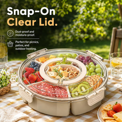 360°Rotating Divided Serving Tray with Clear Lid - BPA-Free Snack Spinner with Removable Compartments - Versatile Snackle Box Container for Parties, Picnics, Taco Night & Meal Prep