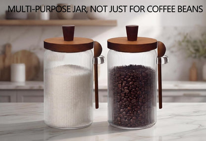 31oz Airtight Coffee Canister with Scoop, Glass Coffee Container for Bean Storage, Clear Coffee Bean Holder Jar with Acacia Wood Lid ans Spoon, Coffee Storage Container Kitchen Canister for Countertop