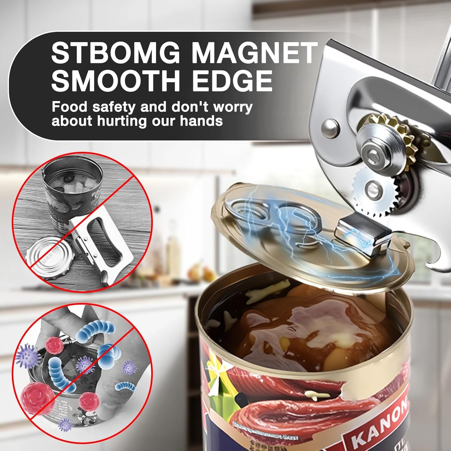 Can Opener Manual Heavy Duty Stainless Steel Smooth Edge with Magnet Large Effort Saving Knob Soft Grip Handle for Arthritis Elderly with Bottle Opener Kitchen Tool Black