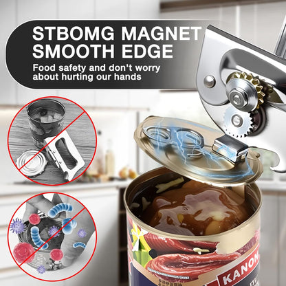 Can Opener Manual Heavy Duty Stainless Steel Smooth Edge with Magnet Large Effort Saving Knob Soft Grip Handle for Arthritis Elderly with Bottle Opener Kitchen Tool Black