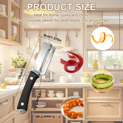 2Pcs Premium Vegetable Peeler with Wooden Handle and Bottle Opener,Multifunctional 3-in-1 Stainless Steel Kitchen Tool for various fruits and vegetables that require peeling（Black + Brown）