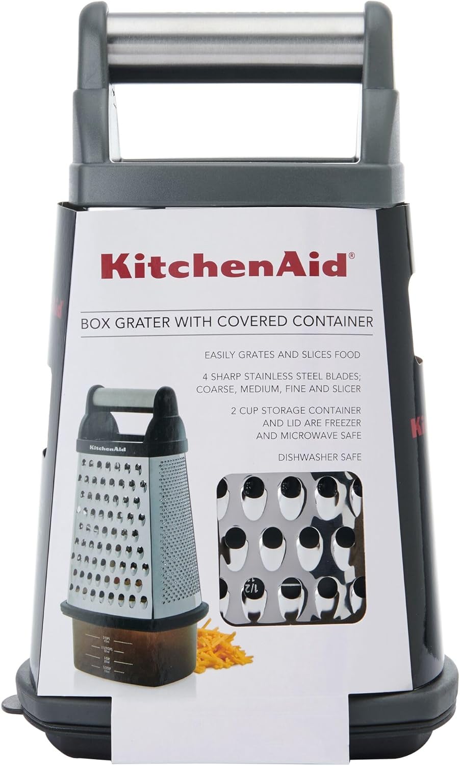KitchenAid Gourmet 4-Sided Stainless Steel Box Grater for Fine, Medium and Coarse Grate, and Slicing, Detachable 3 Cup Storage Container and Measurment Markings, Dishwasher Safe, 10 inches tall, Black