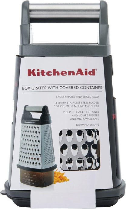 KitchenAid Gourmet 4-Sided Stainless Steel Box Grater for Fine, Medium and Coarse Grate, and Slicing, Detachable 3 Cup Storage Container and Measurment Markings, Dishwasher Safe, 10 inches tall, Black