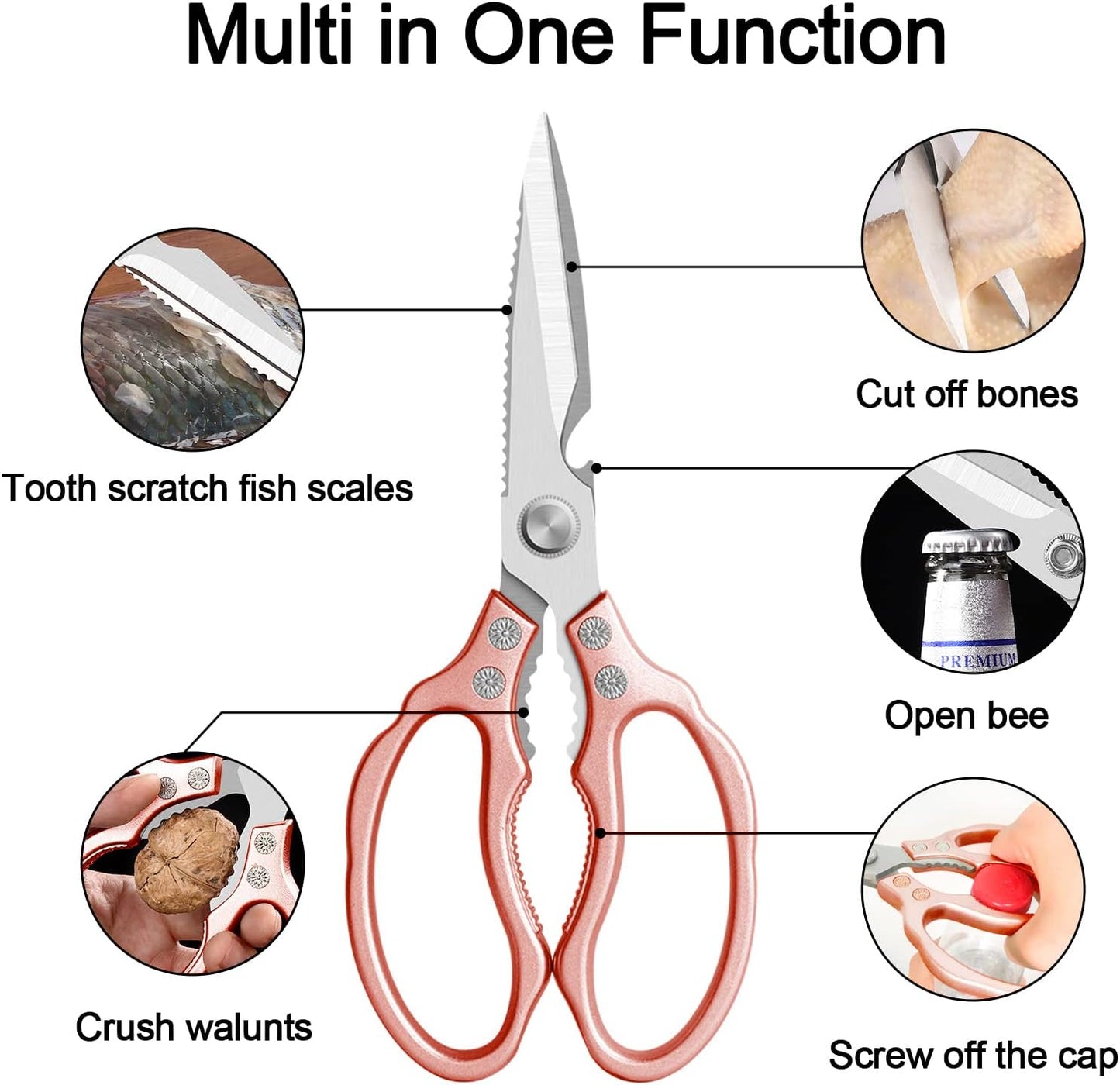 CGBE Kitchen Scissors, Multi-Purpose Kitchen Shears, Heavy Duty Dishwasher Safe Food Scissors for Chicken, Poultry, Fish, Meat & Herbs with Non-Slip Grips - Sliver