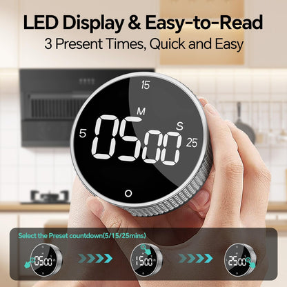 Digital Magnetic Kitchen Timer for Cooking, Large LED Visual Countdown Timer, Rotating Dial Pomodoro Focus Timer, Adjustable Volume, 5/15/25 Min Presets for Kids, Teachers, Seniors
