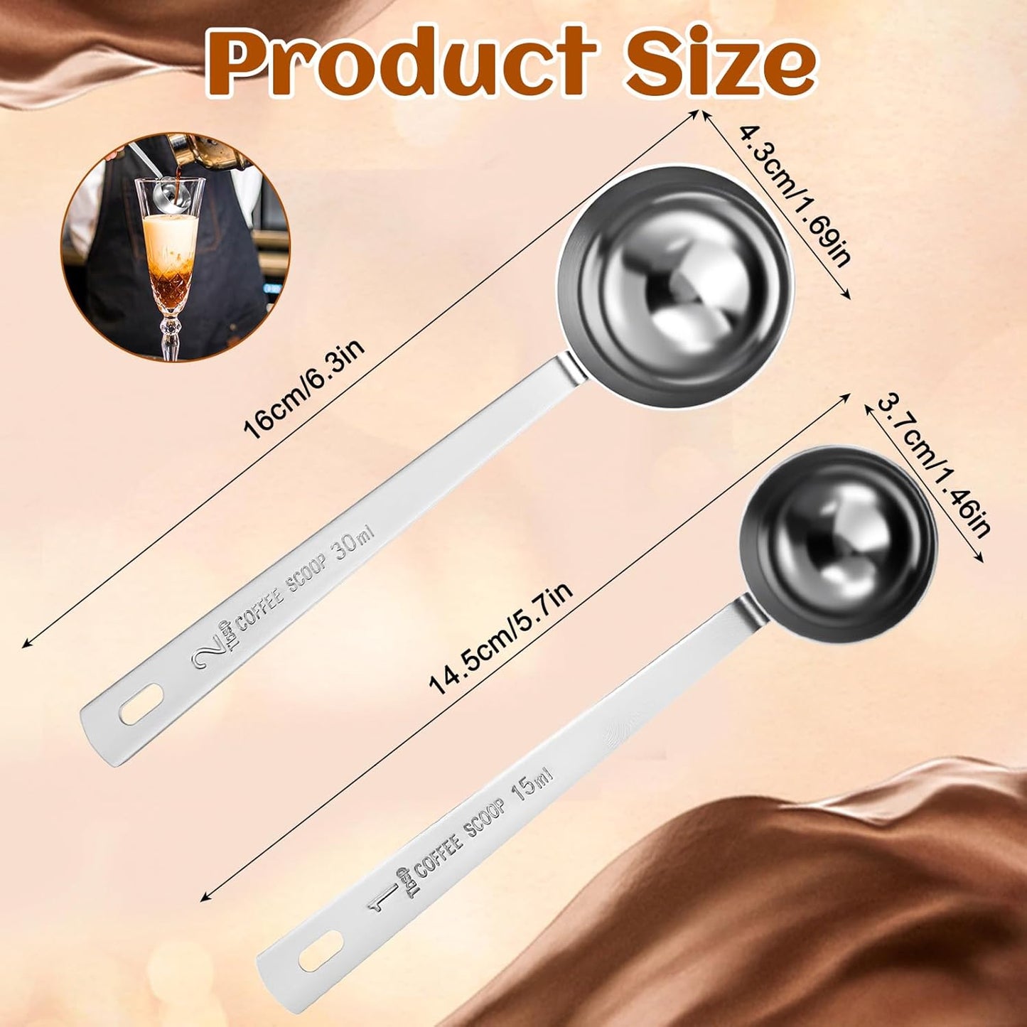 2Pcs Coffee Scoop,Long Handle Measuring Spoon15 Ml and 30 Ml Stainless Steel Coffee Scoop Set for Latte Beans Ground Espresso Espresso Protein Powders Tea Sugar