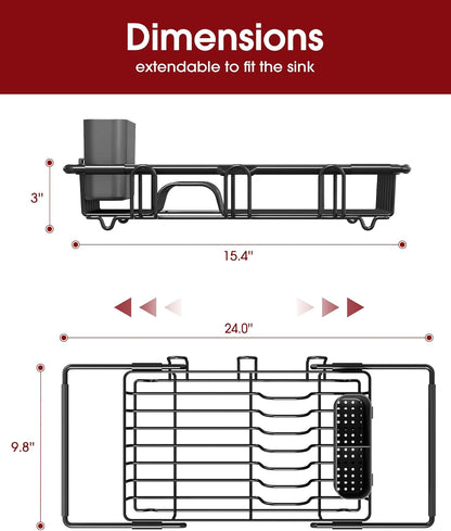 Sakugi Dish Drying Rack in Sink - Expandable Stainless Steel Dish Rack Over the Sink, Kitchen Sink Drain Strainer with Cutlery Holder & Cup Holders, 15.4 x 9.8 x 3.0 Inch, Silver