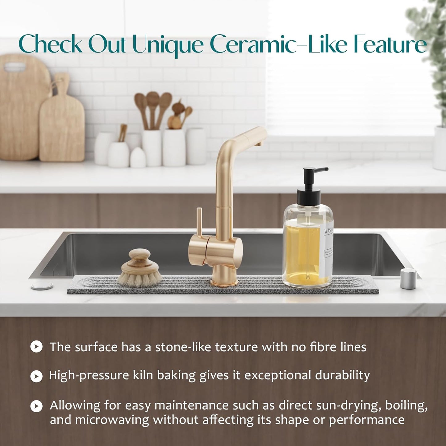 Eormoe Faucet Mat for Kitchen Sink – Diatomite Stone Drying Mat & Sink Protectors, Prevent Moisture – Sink Splash Guard Water-Absorbing Stone Tray for Bathroom Counter (Light Grey, 23.6" x 3.9")