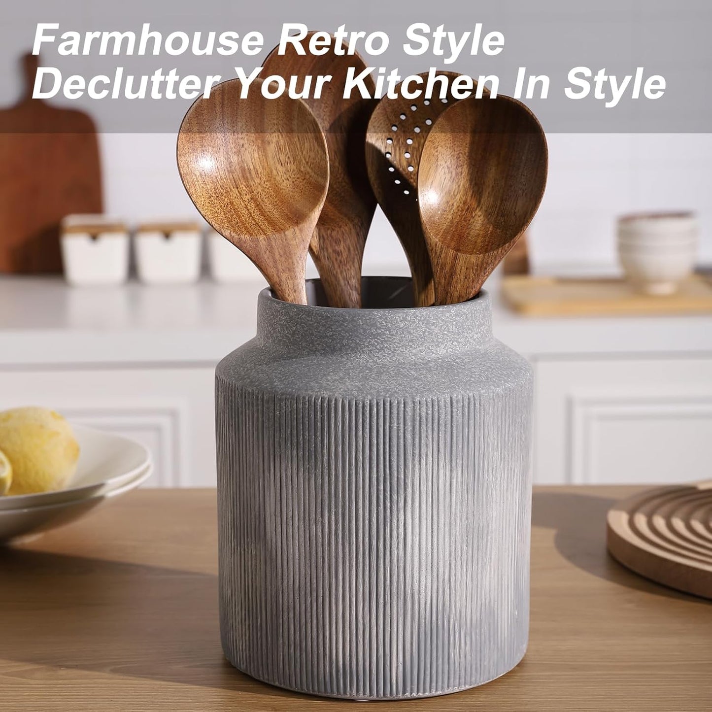 Farmhouse Ceramic Farmhouse Kitchen Utensil Holder for Countertop, Rustic Cooking Utensil Holder Crock Fit for Kitchen Counter. 6.1 x 6.1 x 7 IN