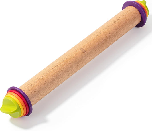 BAMBOO LAND- Adjustable Rolling Pin with Thickness Rings for Baking, 13.8", 4 Pastel Colored Thickness Rings (2-10 mm or 1/16"-3/8"), Wood Rolling Pins for Baking, Bread, Pizza Doughs