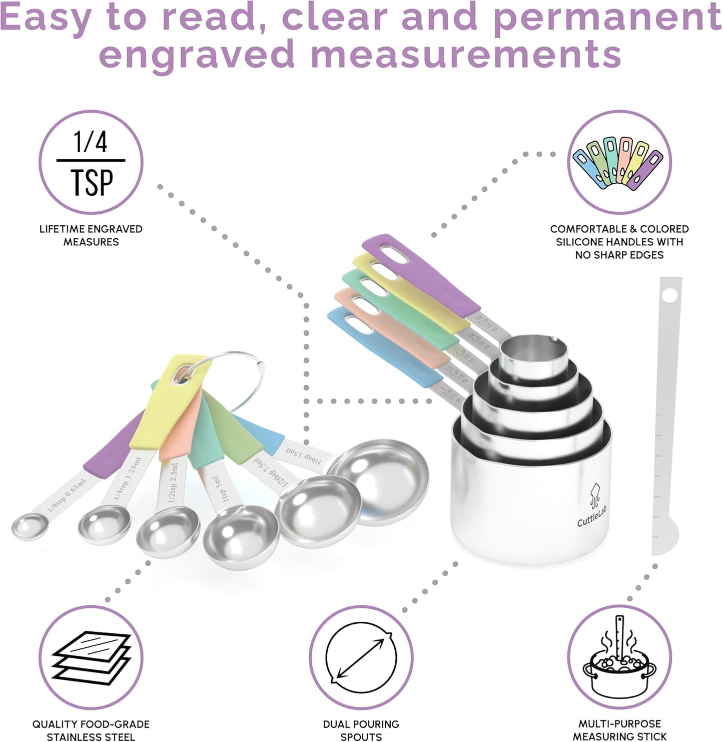 CuttleLab Measuring Cups and Measuring Spoons Set of 14 - Stainless Steel Measuring Cups and Spoons Set, Includes 1/8 Teaspoon Measuring Spoon, 1/8 Cup Measuring Cup, Leveler Dry (14, Country Chic)