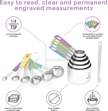 CuttleLab Measuring Cups and Measuring Spoons Set of 14 - Stainless Steel Measuring Cups and Spoons Set, Includes 1/8 Teaspoon Measuring Spoon, 1/8 Cup Measuring Cup, Leveler Dry (14, Country Chic)
