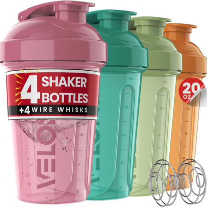 VELOMIX -4 PACK- 20 oz Protein Shaker Bottle for Protein Mixes - 4x Wire Whisk | Leak Proof Shaker Cups for Protein Shakes | Stackable Protein Shaker Bottle Pack | Dishwasher Safe (Blue Mirage)